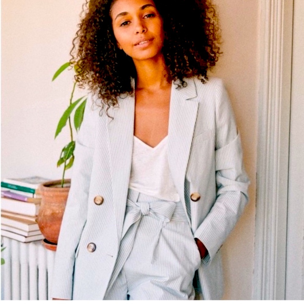 Sezane NWT Christie Light Blue Pinstripe Double-Breasted Blazer